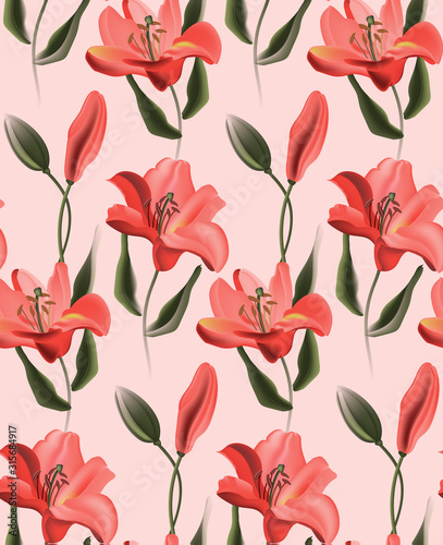 Coral lily, red calla or contrast tulip flowers on pink background. Kitchen decoration with realistic paradise plants. African contrast template, tropial decoration, seamless bouquet