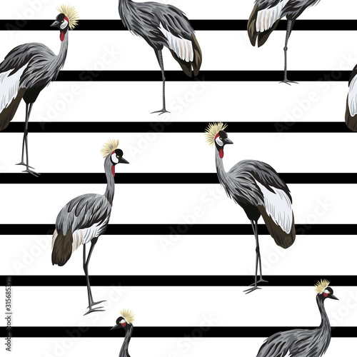 Tropical vintage botanical crane bird seamless pattern stripes background. Exotic animal wallpaper.