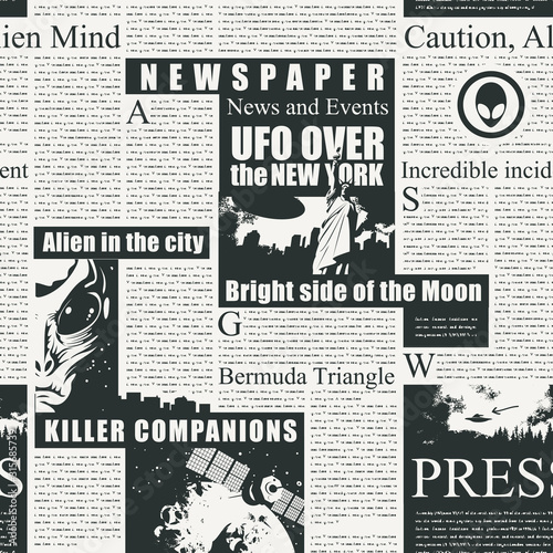 Vector seamless pattern with newspaper or magazine columns. Black and white background with unreadable text, headlines and illustrations on the theme of UFO, aliens, extraterrestrial civilizations