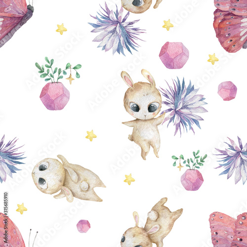 Watercolor seamless pattern with cute bunny with flowers pink butterflies background. Adorable colorful cartoon baby illustration for greeting, invite prize