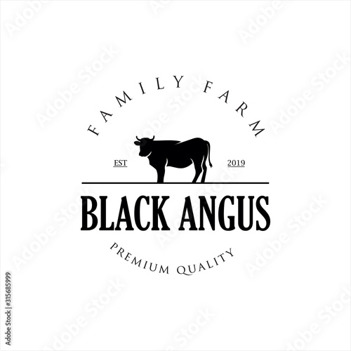 Retro Vintage Cattle Angus Beef Emblem Label logo design vector, Angus Cow Logo, Cattle Farm Logo Angus Cow Farm, beef cattle ,Aberdeen Angus, Cow Logo Vintage	