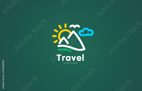 Travel logo mountains sun cloud green background