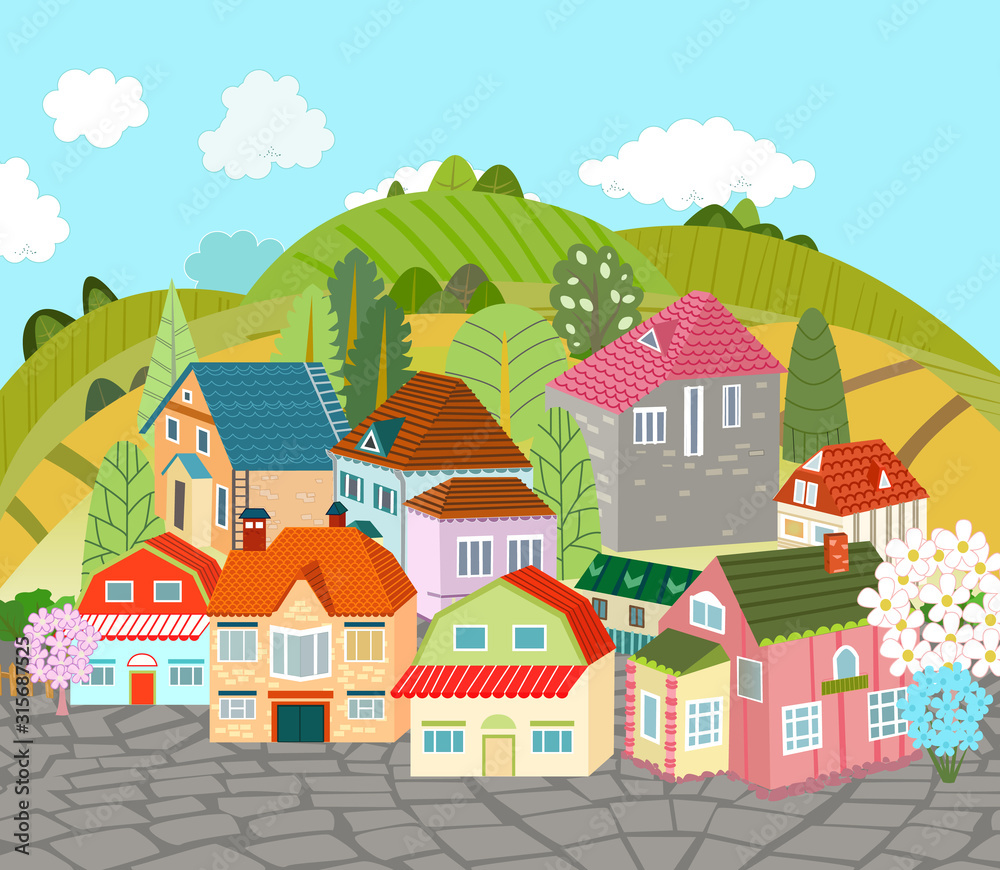 cute town against green hills and blue sky with clouds. cityscap cute town against green hills and blue sky with clouds. cityscap
