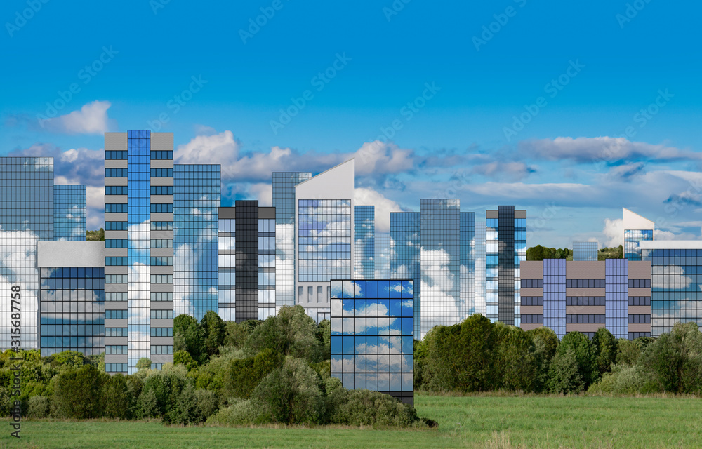 Fototapeta premium A modern cityscape of green energy and new glass houses and skyscrapers