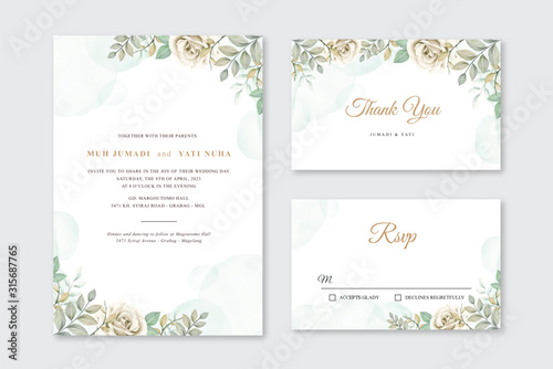 Wedding card template with flowers and leaves watercolor