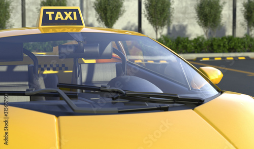 Closeup yellow taxi stands in a city parking lot. Blurred background. 3D rendering.