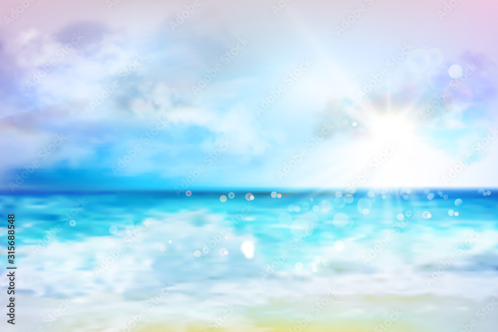 Sky with clouds over the ocean. Empty sandy beach in summer. Waves on the seashore. Sunrise. Abstract vector illustration.