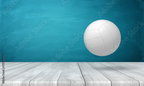3d rendering of a white volleyball lying on wooden surface near blue wall with copy space.