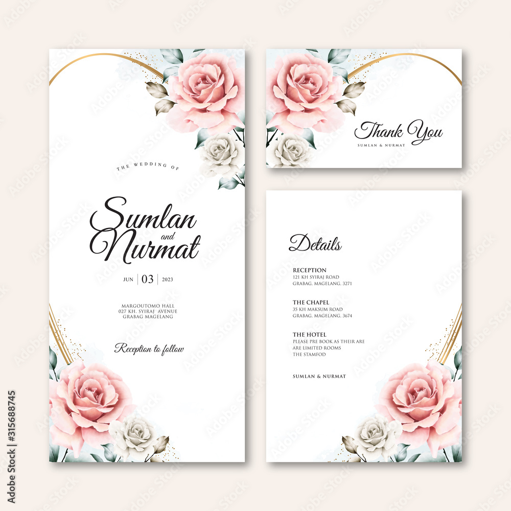 Wedding card template with golden frame floral watercolor