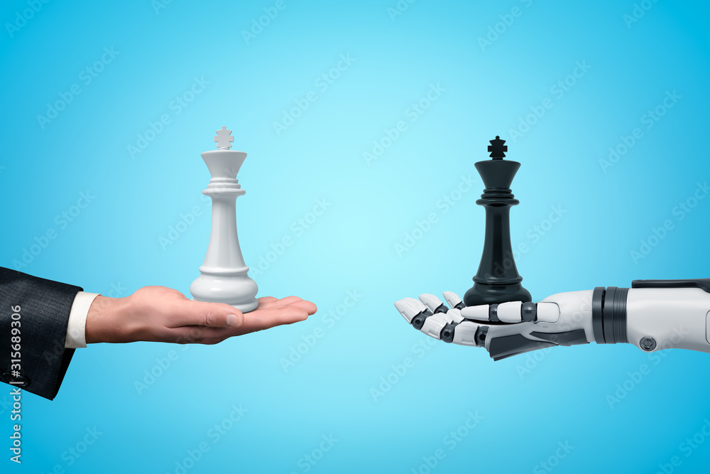 Side view of human hand holding white chess king and android robot hand  holding black chess king opposite one another on light blue background.  Stock Photo | Adobe Stock