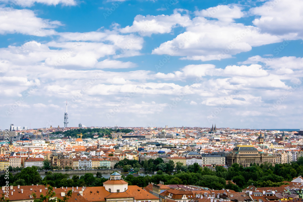Top view of Prague, the capital of Czech Republic. Cloudy sky.