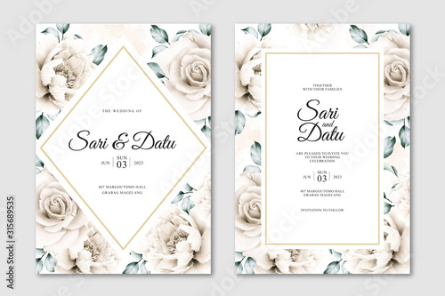 White roses and peonies wedding invitation template
