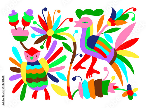 mexican tribal embroidary otomi style pattern with bird, animal and flower