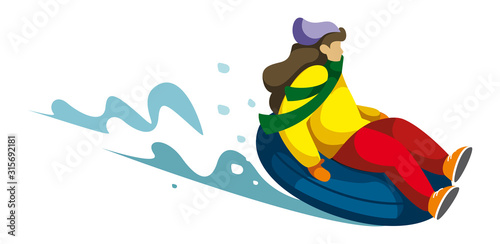 a girl in bright clothes rolls down the mountain on a tubing