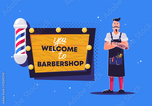 Vector illustration of a man by profession hairdresser, Barber in an apron, sign invitation to the Barber shop, Barber pole
