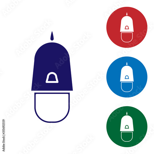 Blue Police cap with cockade icon isolated on white background. Police hat sign. Set color icons in circle buttons. Vector Illustration