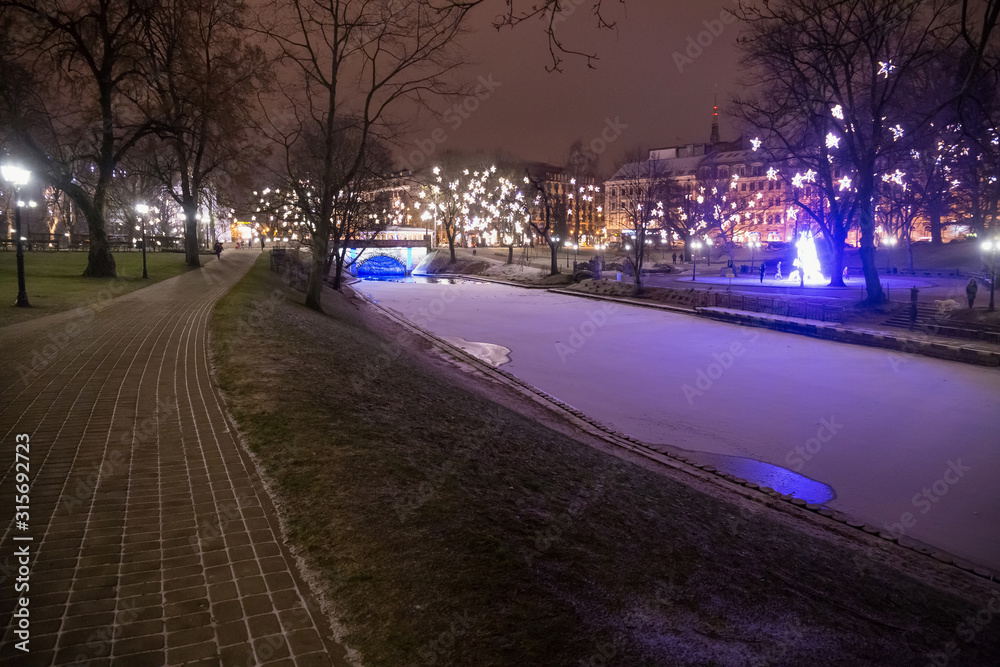 Night winter view of the Bastion Hill town park in Riga (Latvia).