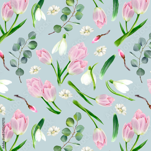 Watercolor floral seamless pattern with tulips flower, snowdrops and green eucalyptus leaves. Spring trendy design for fabric, paper, textile. © Nataliya Kunitsyna