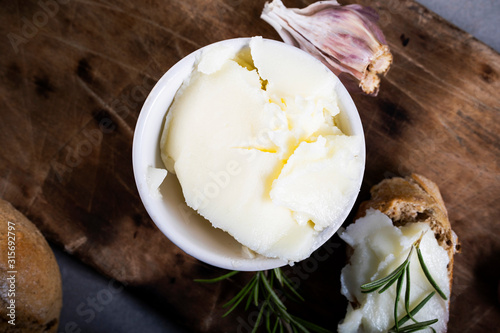 Homemade lard in a rustic composition. Traditional delicacy made of pig fat.