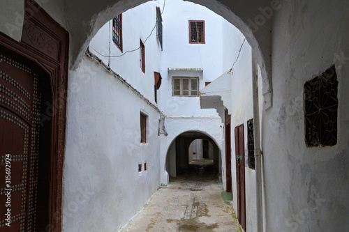 View of the old walls of Tetouan Medina quarter in Northern Morocco. A medina is typically walled  with many narrow and maze-like streets and often contain historical houses  palaces  places.