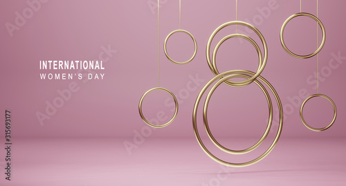 Happy International Women's Day background. Banner with golden decor elements 8 number 3D rendering. Symbol of the spring of March, greeting card.