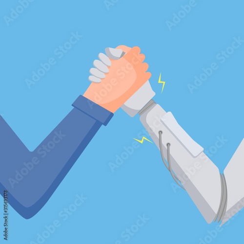 The fight between man and robot on a blue background. The power of man and robot. Fists and aggression.