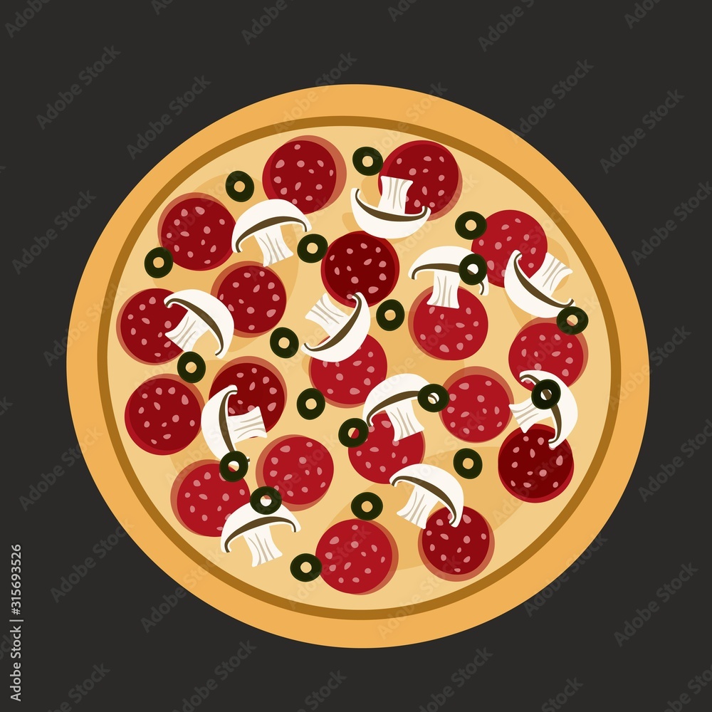 Flat design of pizza on black or dark grey. Vector illustration. Isolated Flat design of pizza on black or dark grey. Vector illustration. Isolated