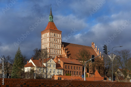 Beautiful view of the roman catholic Cathedral of St. Jakub (Jacob) in the Polish city of Olsztyn. The church building was built in the Gothic style in the second half of the XIV century.