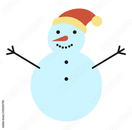 Snowman isolated on white background. Fairy character made from two snowballs and dressed in hat. Snow sculpture with smiley face and branches like hands. Vector illustration of outside decoration