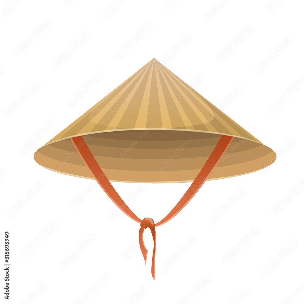Chinese hat in the form of a cone with a tie on a white background