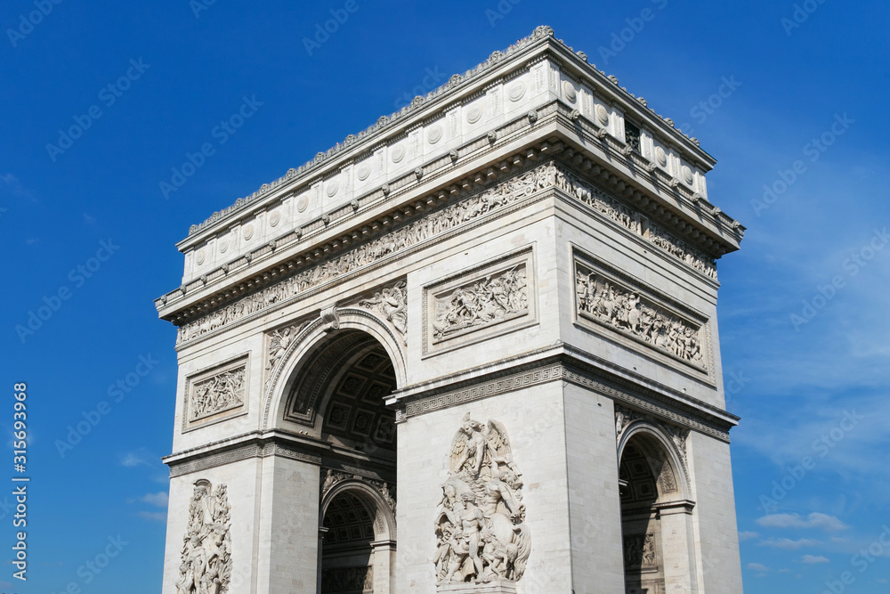 View of the famous Triumphal Arch in Paris, France. The Arc de Triomphe honours those who fought and died for France in the French Revolutionary and Napoleonic Wars.