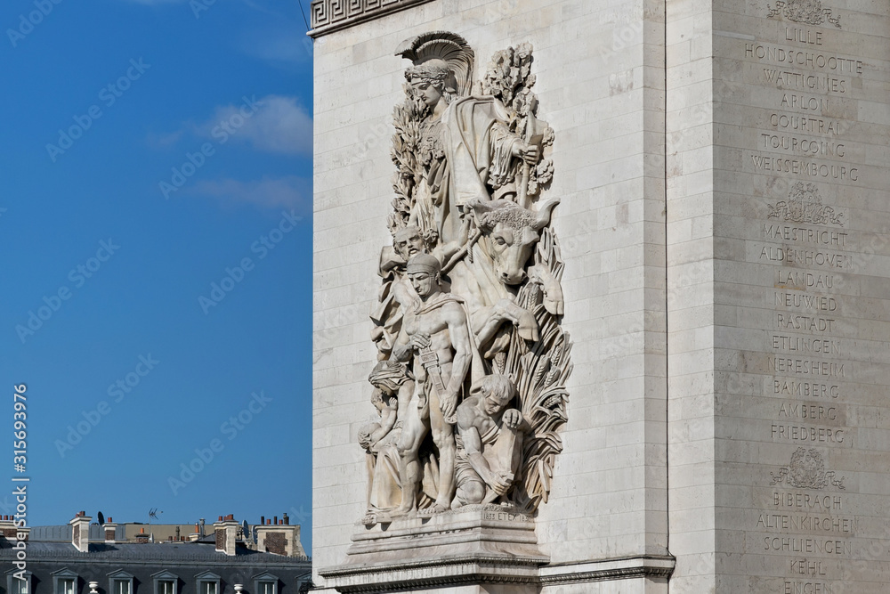 Sculptural group on the Triumphal Arch in Paris, France. La Paix (1815) by Antoine Etex. Commemorates the Treaty of Paris, concluded in that year.