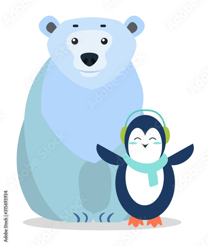 Arctic animals penguin and bear characters standing together on white. Postcard with seal mammal wearing headset and scarf. Holiday card with portrait view of funny wild beast in blue color vector