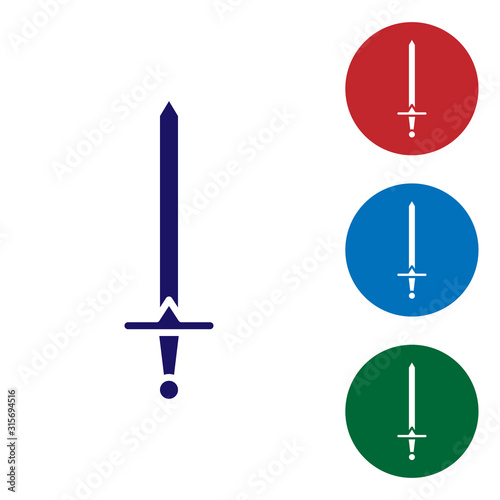 Blue Medieval sword icon isolated on white background. Medieval weapon. Set color icons in circle buttons. Vector Illustration