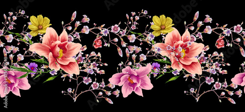 Watercolor painting of leaf and flowers, seamless pattern on dark background