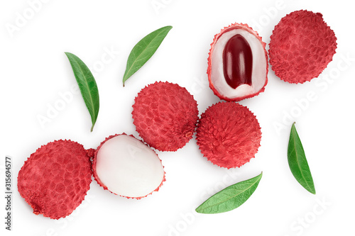 lychee fruit isolated on white background with clipping path and full depth of field. Top view. Flat lay photo