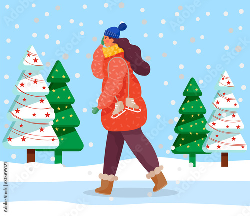 Lady walk in snowy forest alone. Woman dressed in warm clothes like hat and overcoat. Person carry footwear for skating. Beautiful landscape with decorated spruces. Vector illustration in flat style