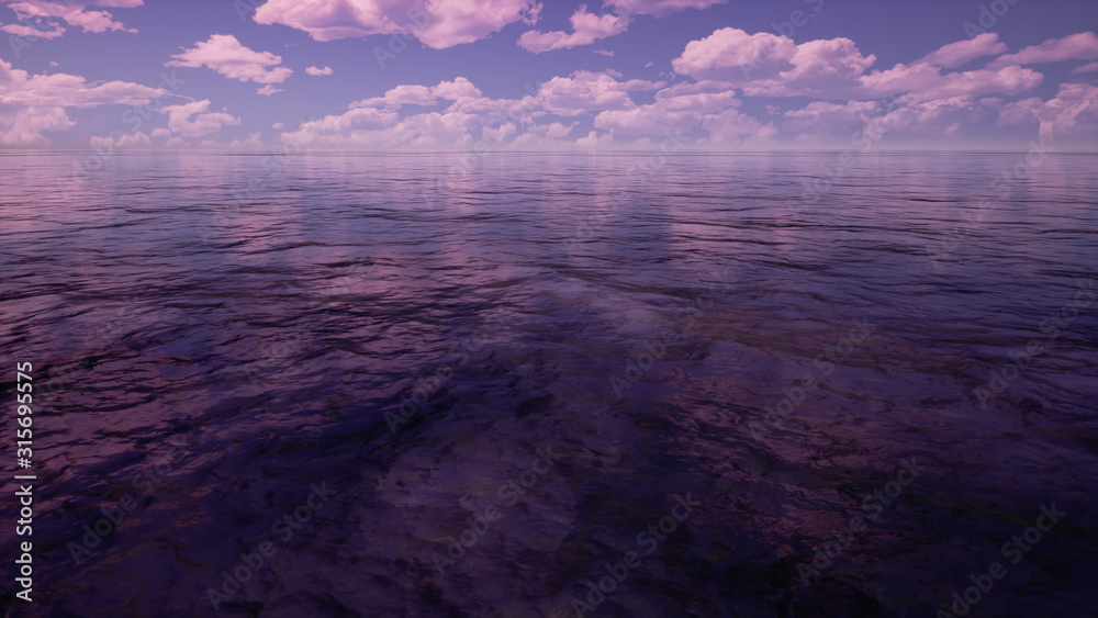 sunrise sea with purple color by 3D rendering scene
