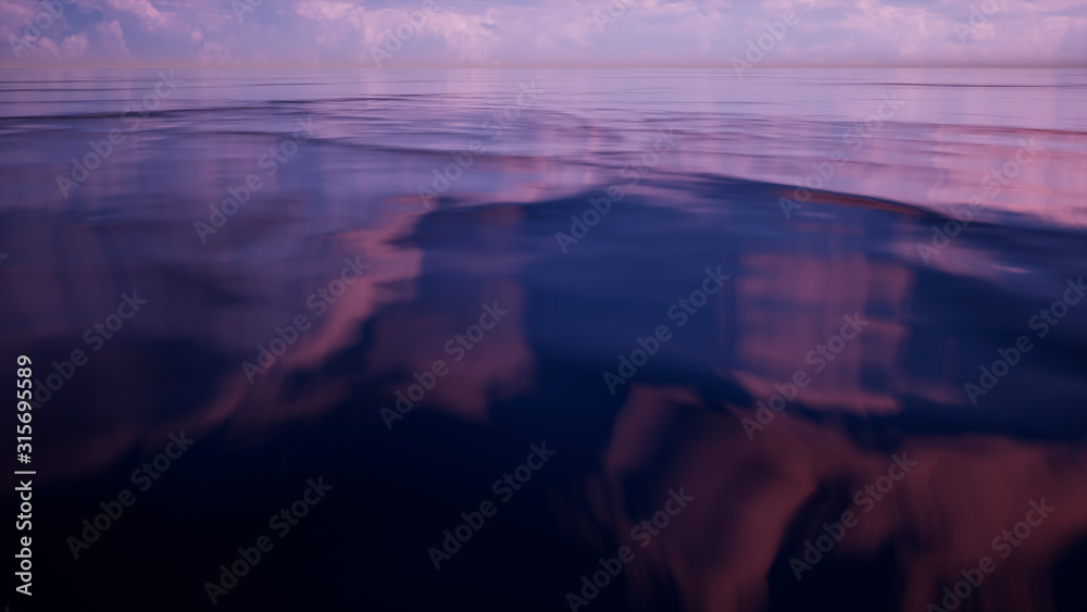 Fototapeta sunrise sea with purple color closeup by 3D rendering scene