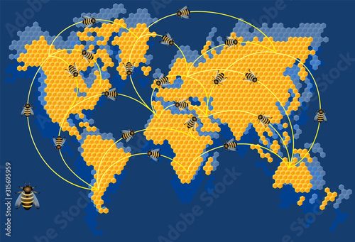 Vector image of a honeycomb repeating the outlines of the world map, as a concept of relationships in different directions on a global scale.
