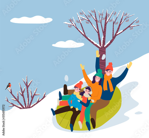 Married couple with kids having fun in winter, vacation of family. Mother father and children riding down slope, going downhill. Happy people relaxing outdoors leading active lifestyle. Vector in flat