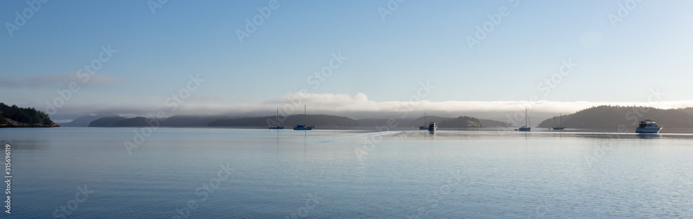 Pacific NW Puget Sound: Foggy morning at Hunter Bay anchorage on Lopez Island