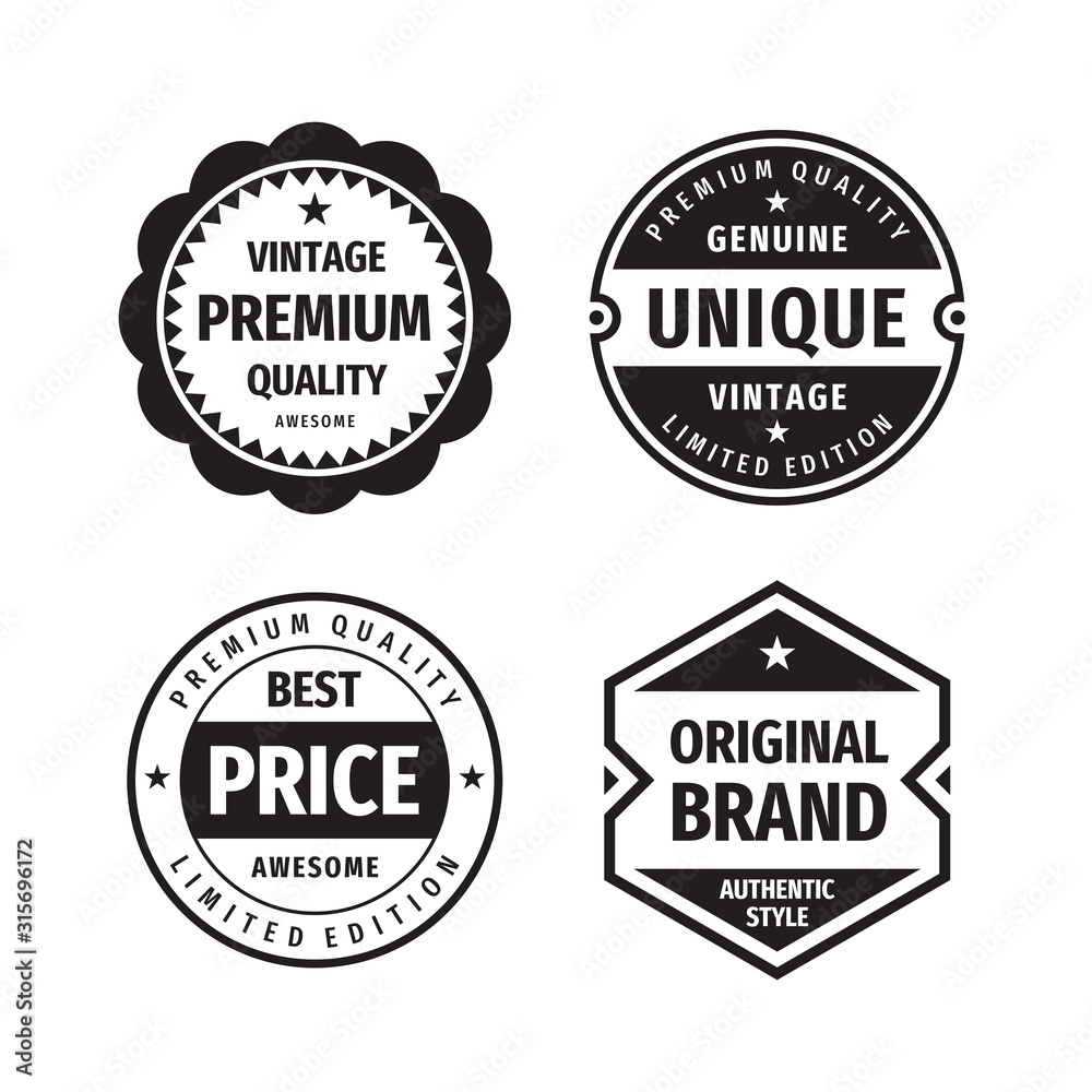 Business badges vector set in retro vintage design style. Abstract logo. Premium quality. Best price. Original brand. Genuine unigue vintage. Concept labels in black & white colors.  - obrazy, fototapety, plakaty 