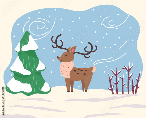 Cartoon character  deer stand on snowy ground in wood. North reindeer with large antlers and brown fur coat. Animal dressed in scarf because of windy and cold weather in winter. Vector illustration