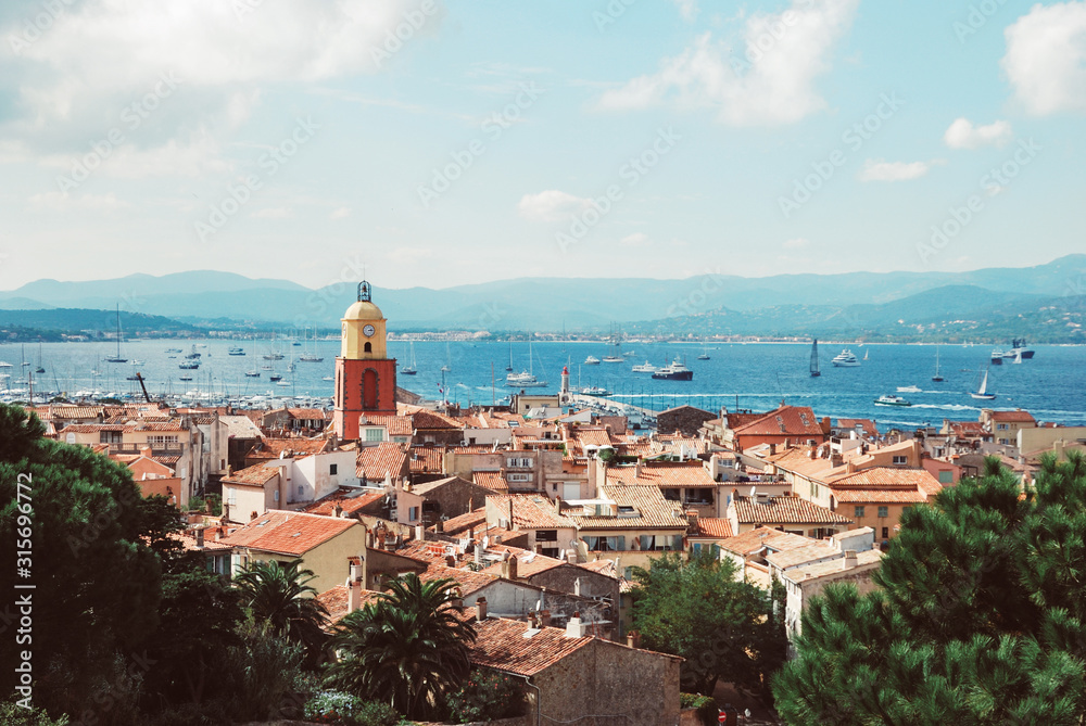 Vintage picture of the village of Saint-Tropez with its famous bell tower