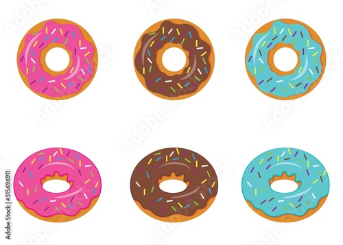 Set of cartoon colorful donuts isolated on white background. The view from the top and from the side. Vector illustration