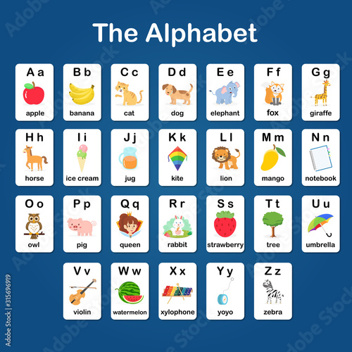 English vocabulary and alphabet flash card vector for kids to help learning and education in kindergarten children. Words of letter abc to z ,each card isolated on blue background.