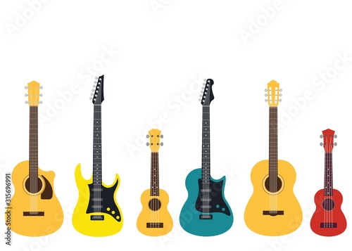 Guitar set. electric guitar, Acoustic guitar, and ukulele isolated on white background. Cute flat cartoon style. Vector illustration