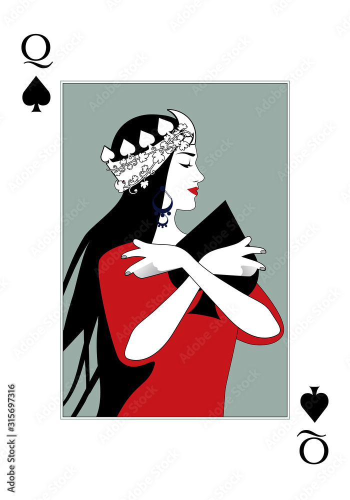 Obraz premium Queen of Spades wearing a crown surrounded by leaves, hugging a spade. Poker card