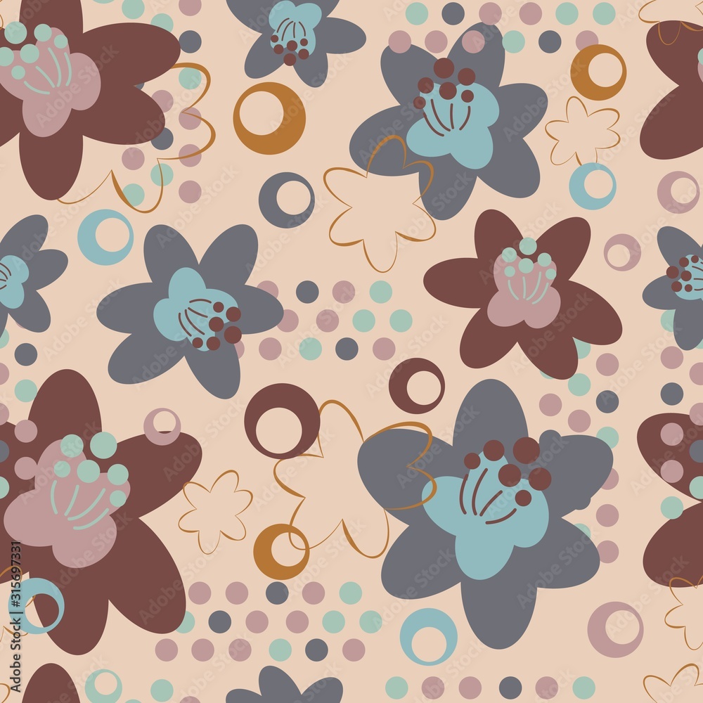 Fototapeta premium Beautiful floral seamless pattern with geometric elements. Abstract textural background of flowering plants. Continuous print, repeat flowers.